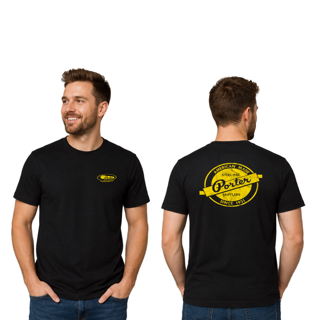A man modeling a black short-sleeve T-shirt from the front and back against a plain white background. The front has a small yellow logo on the left chest, and the back has a large yellow circular 'Porter' logo graphic.
